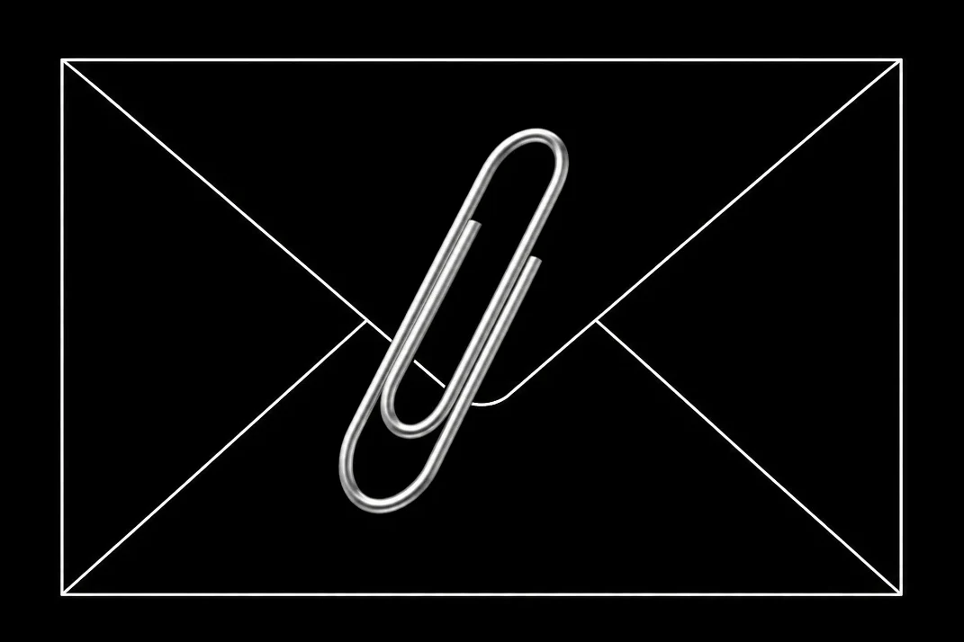 The paperclip tucked under the flap of an envelope drawn in white line.