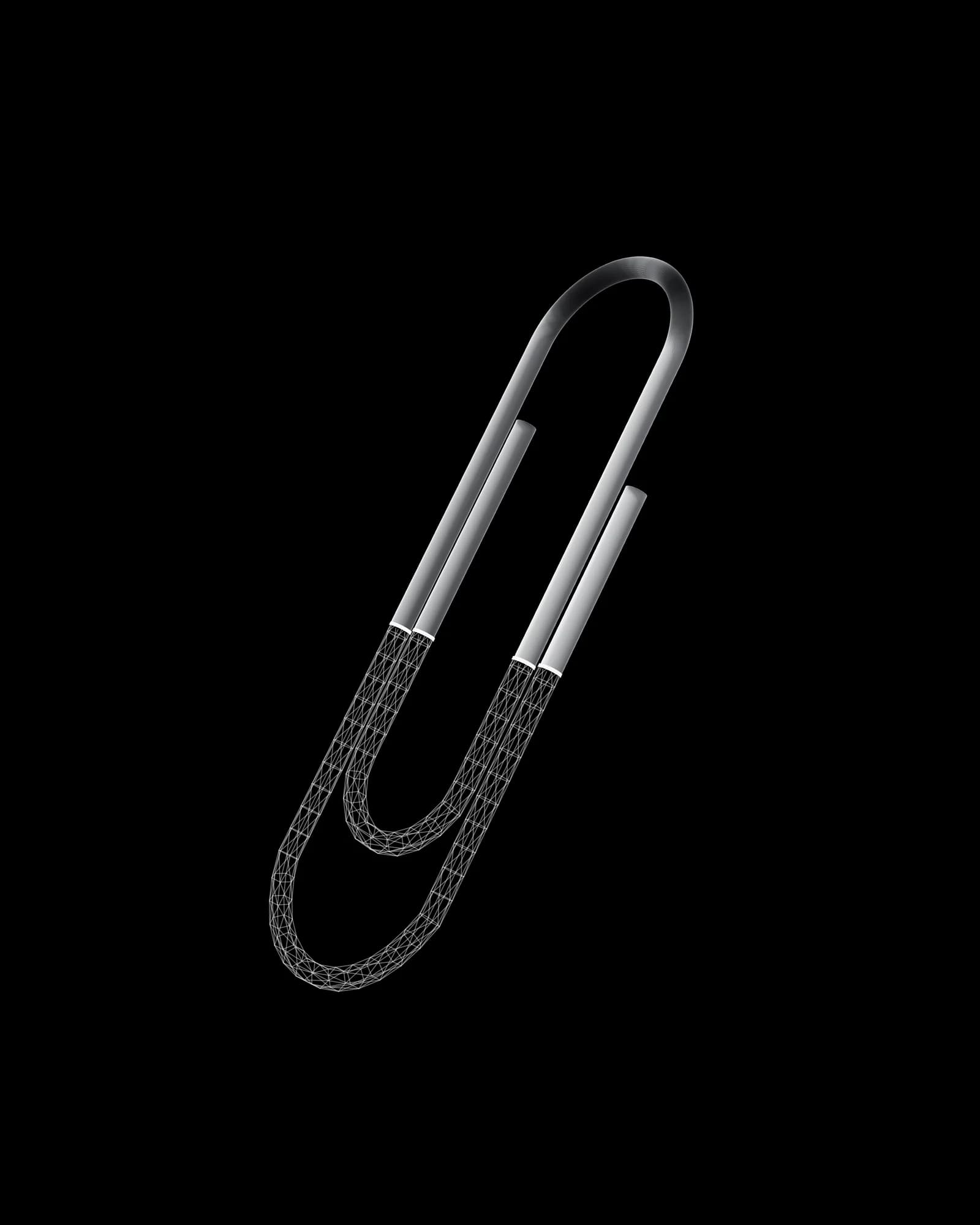 The paperclip in chrome, turning into its wireframe mesh toward the far end.